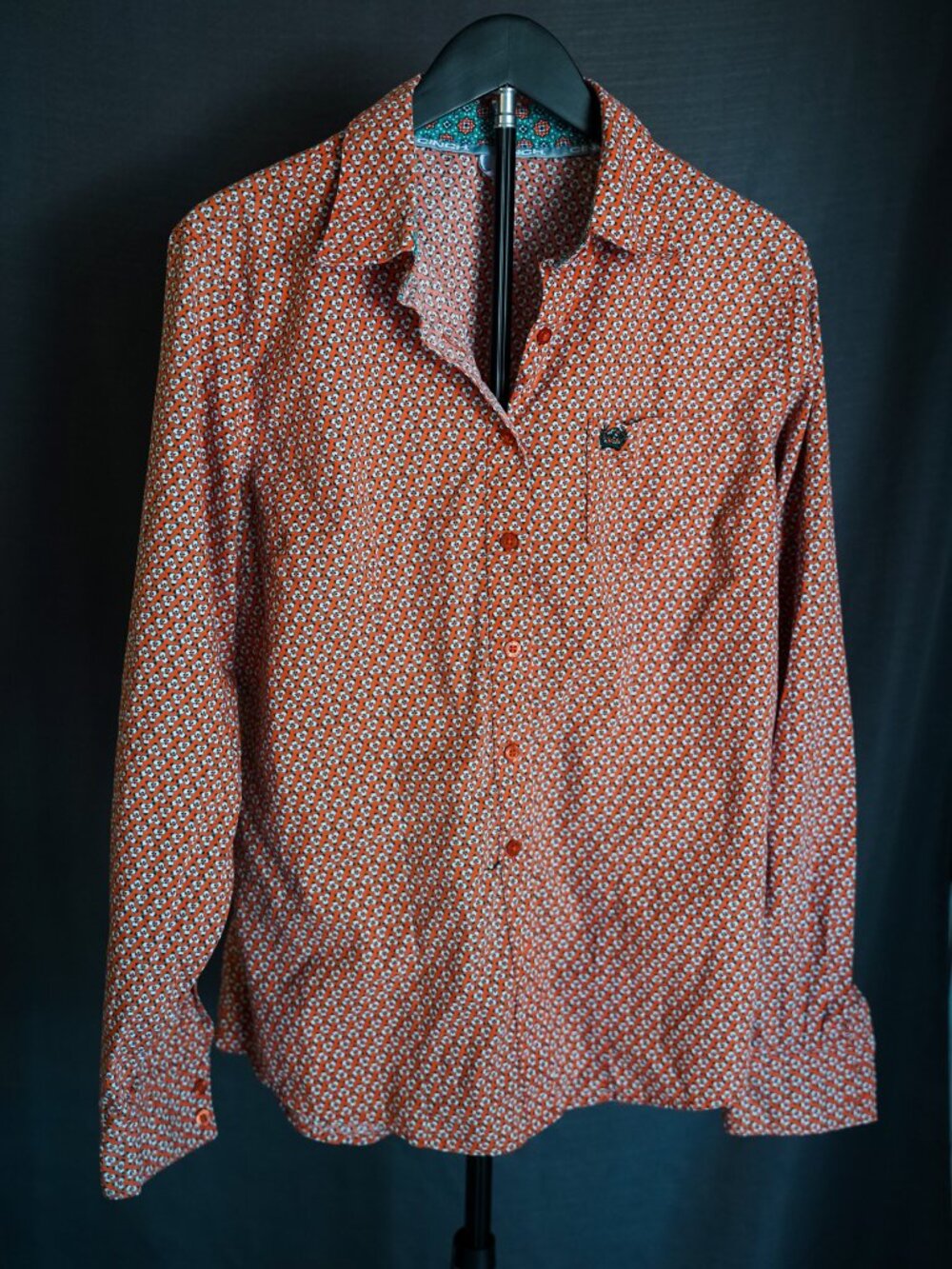 Cinch Women's Long Sleeve Button Down Shirt Size XL Orange Teal Geometric Cotton